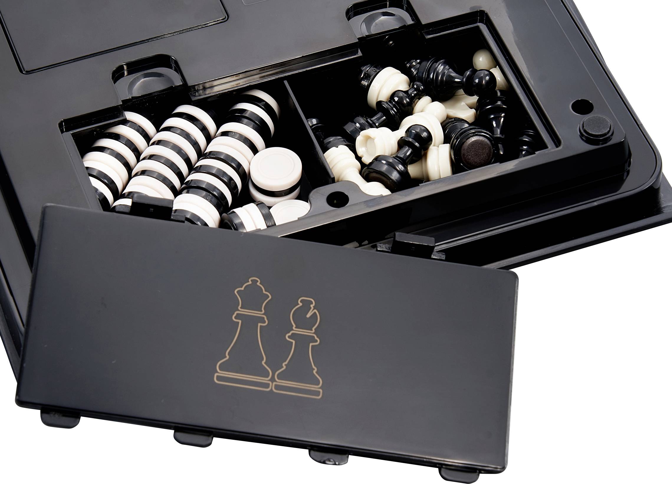 Chess set with a black box, containing white and black chess pieces and round game pieces; box featuring a chess piece logo.