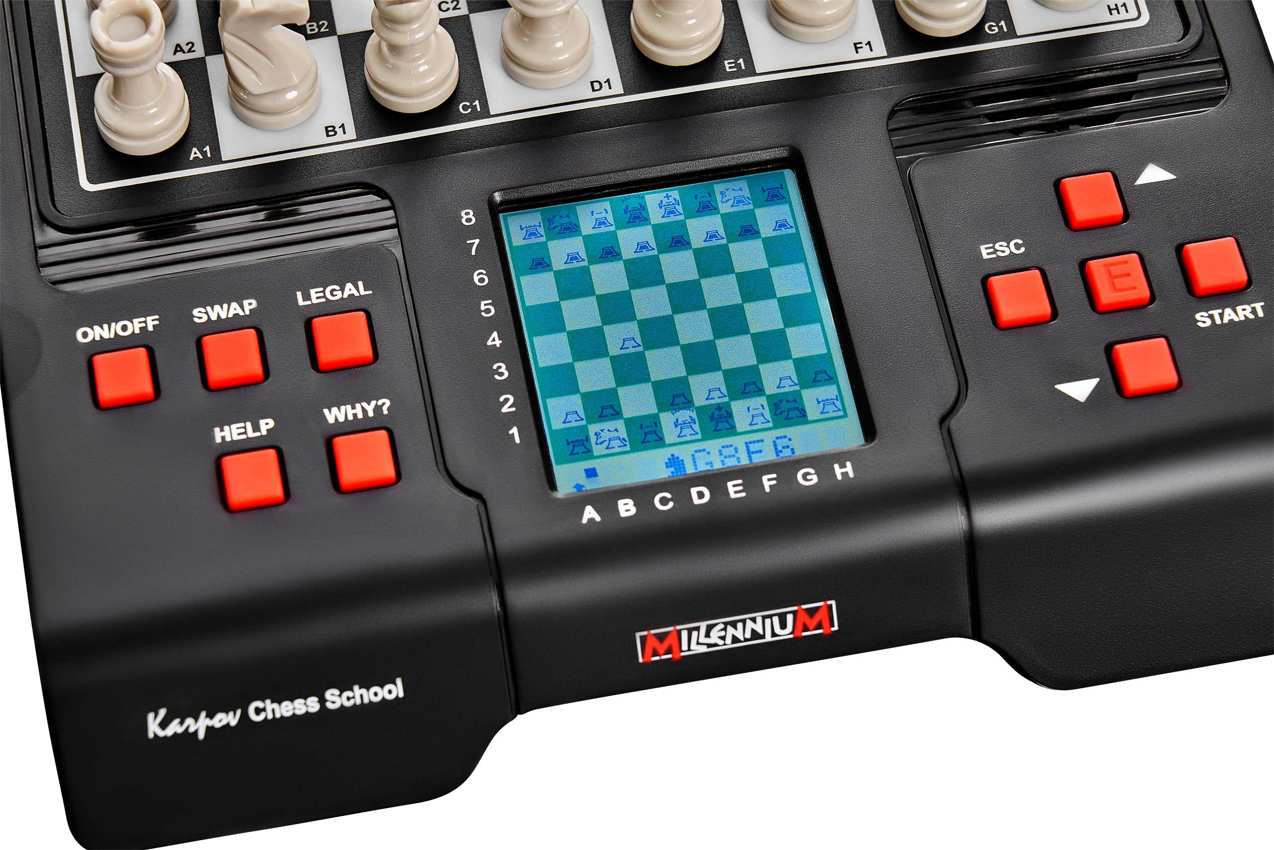 Electronic chess board with an LCD display in the centre, surrounded by buttons with chess pieces on top. Purpose: Learning chess.