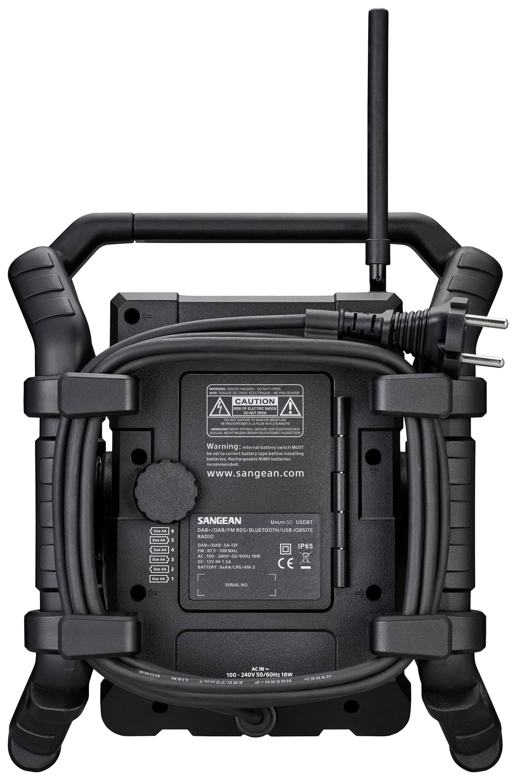 Portable, rugged radio by Sangean with an antenna and power cable on the back, suitable for construction sites or outdoor use.