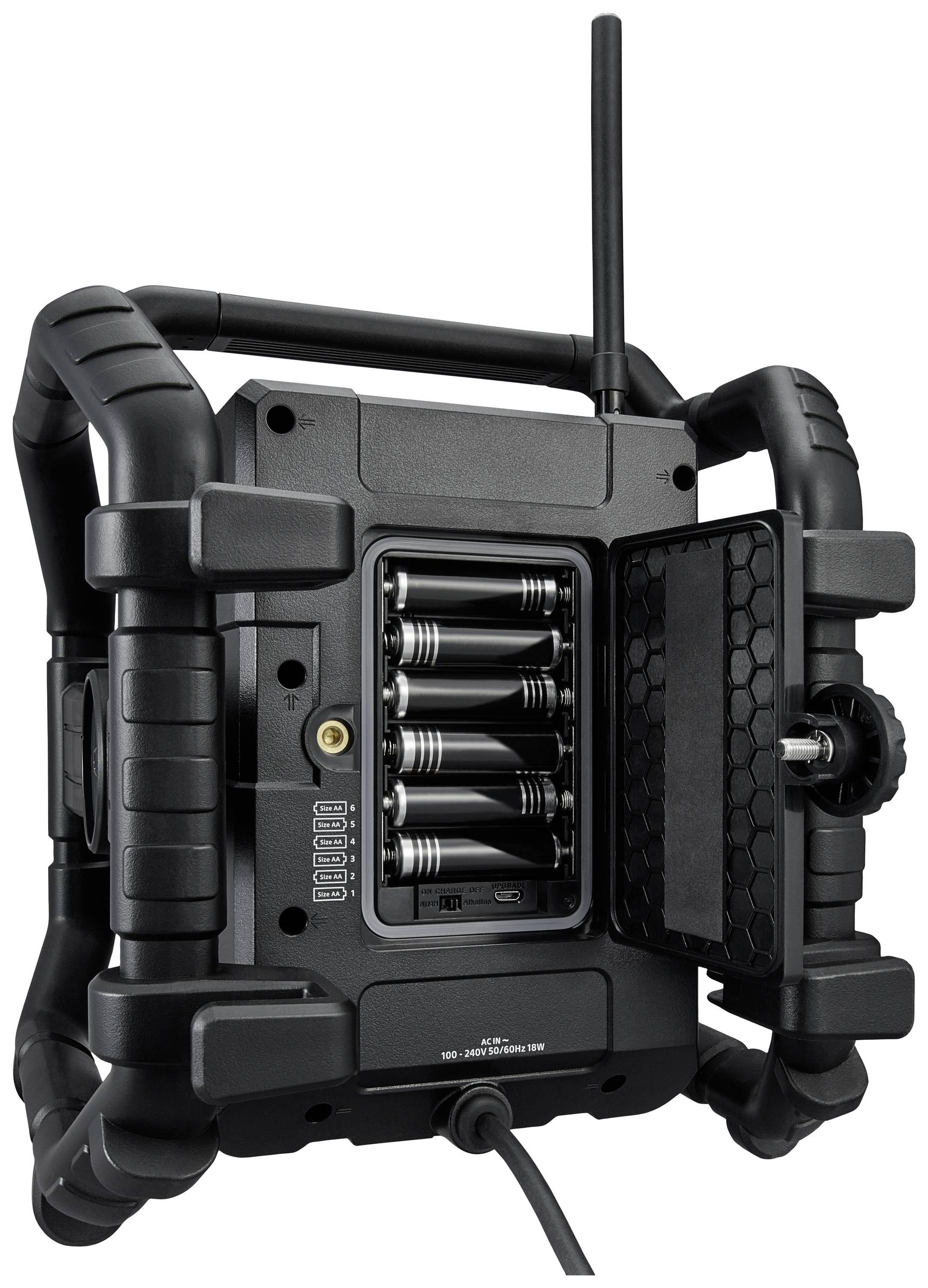 A robust, black electronic device with an open battery compartment and antenna. It appears to be designed for outdoor use.