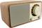 A retro radio with a wooden cabinet and cream-coloured front. It features a large dial for station selection and smaller ones for volume.