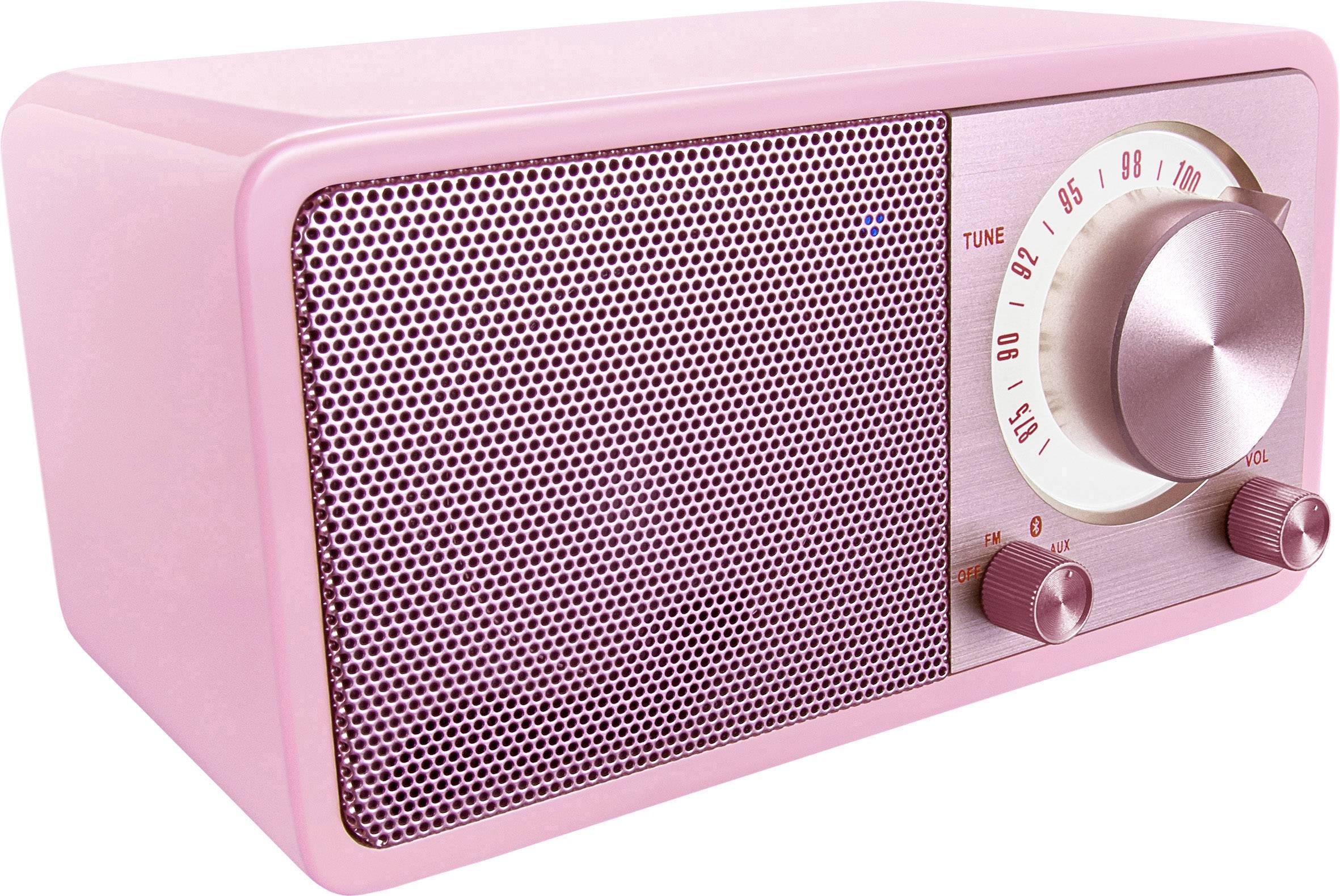 A pink retro radio with a rotary dial and a mesh speaker on the left side.
