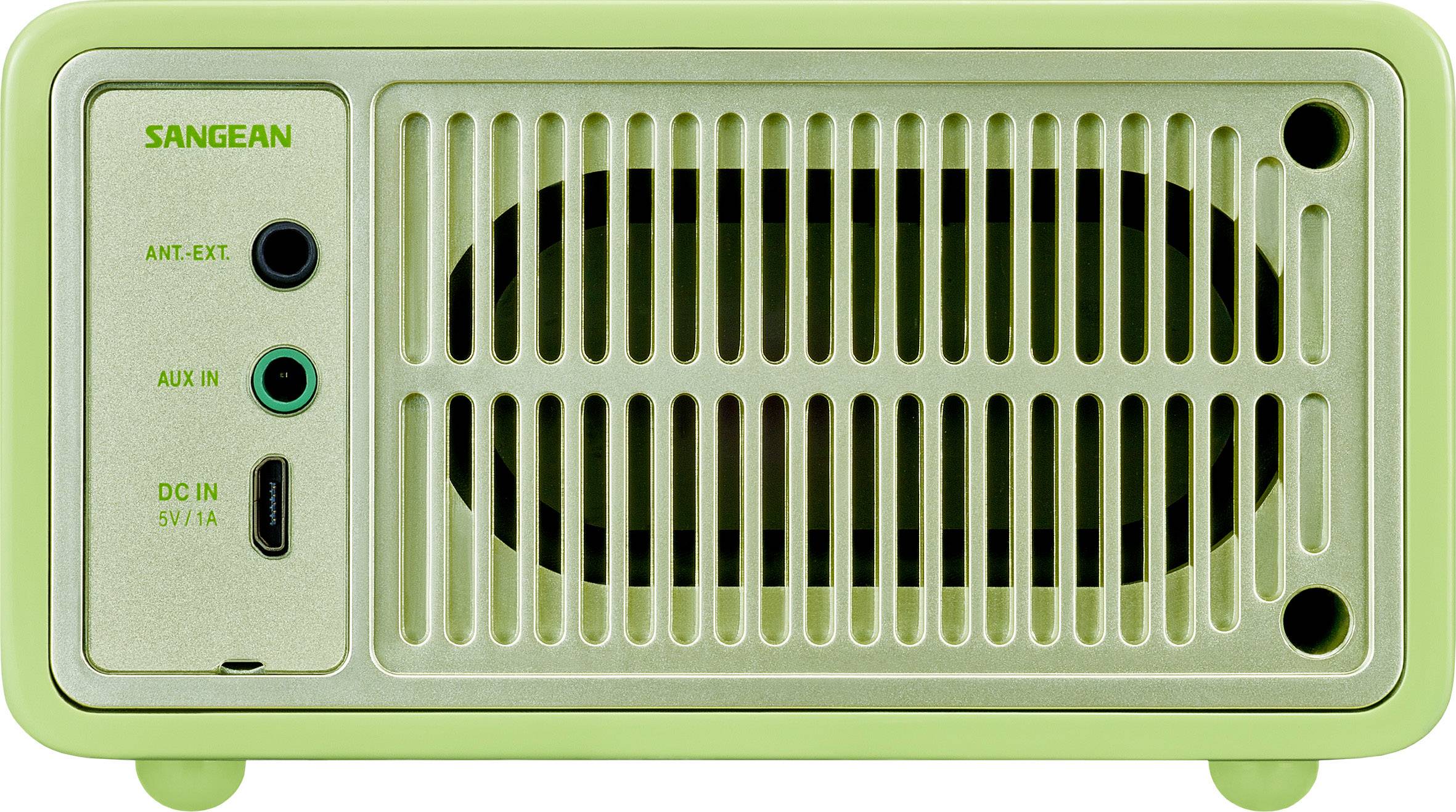 Green Sangean radio with distinctive speaker grille and connections: aerial, AUX-In, and DC-In. Rectangular shape.