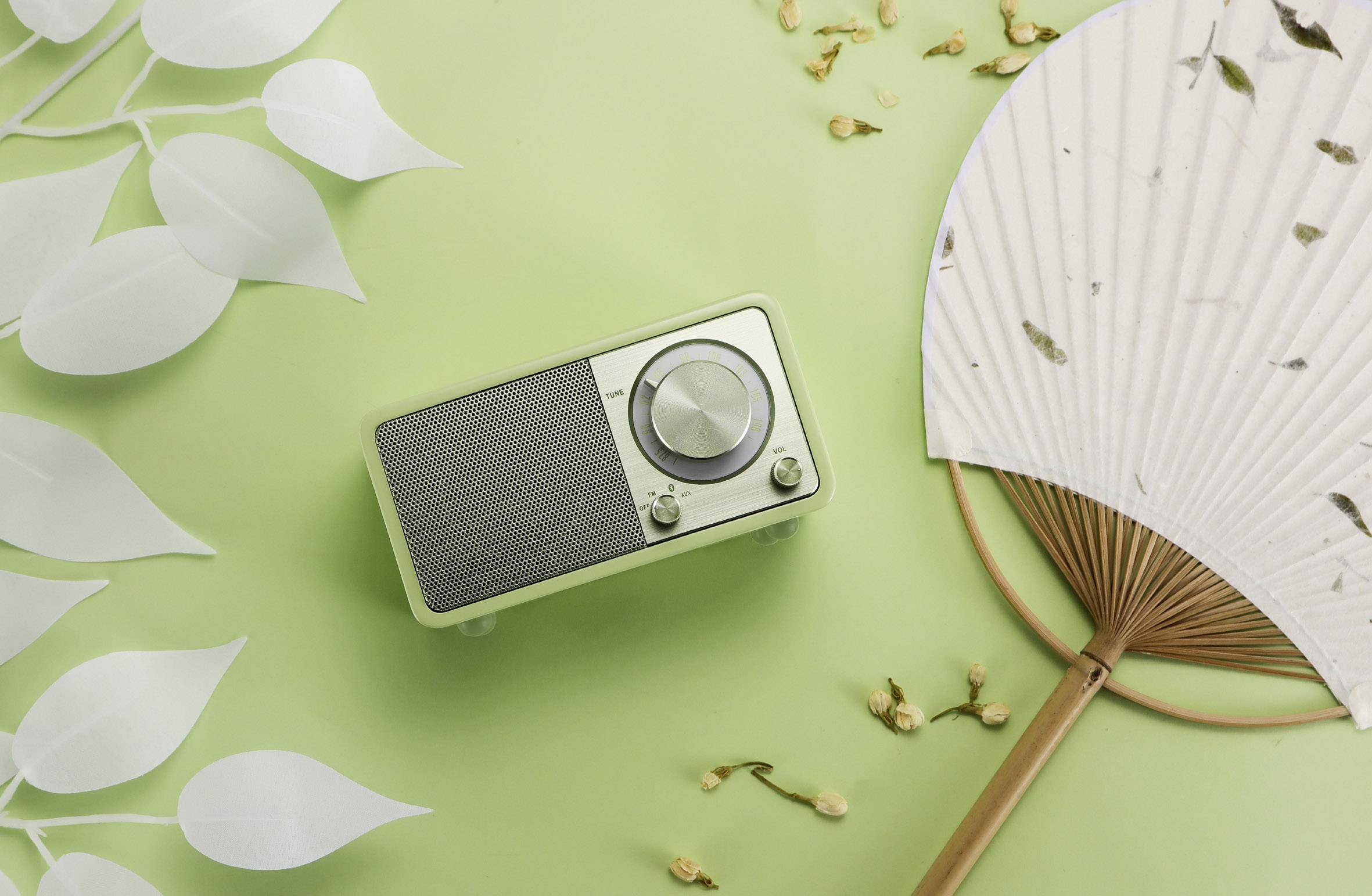 A green retro radio with a silver volume control sits on a light green background next to a white fan with a floral pattern.