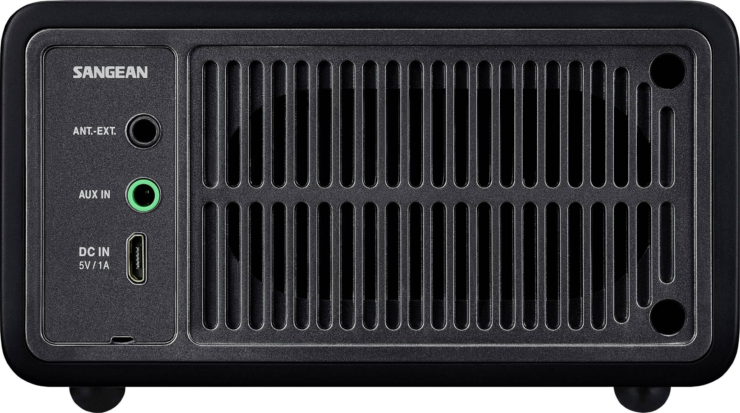 Black Sangean speaker with ventilation grilles. Connections for antenna, AUX input, and power supply visible.