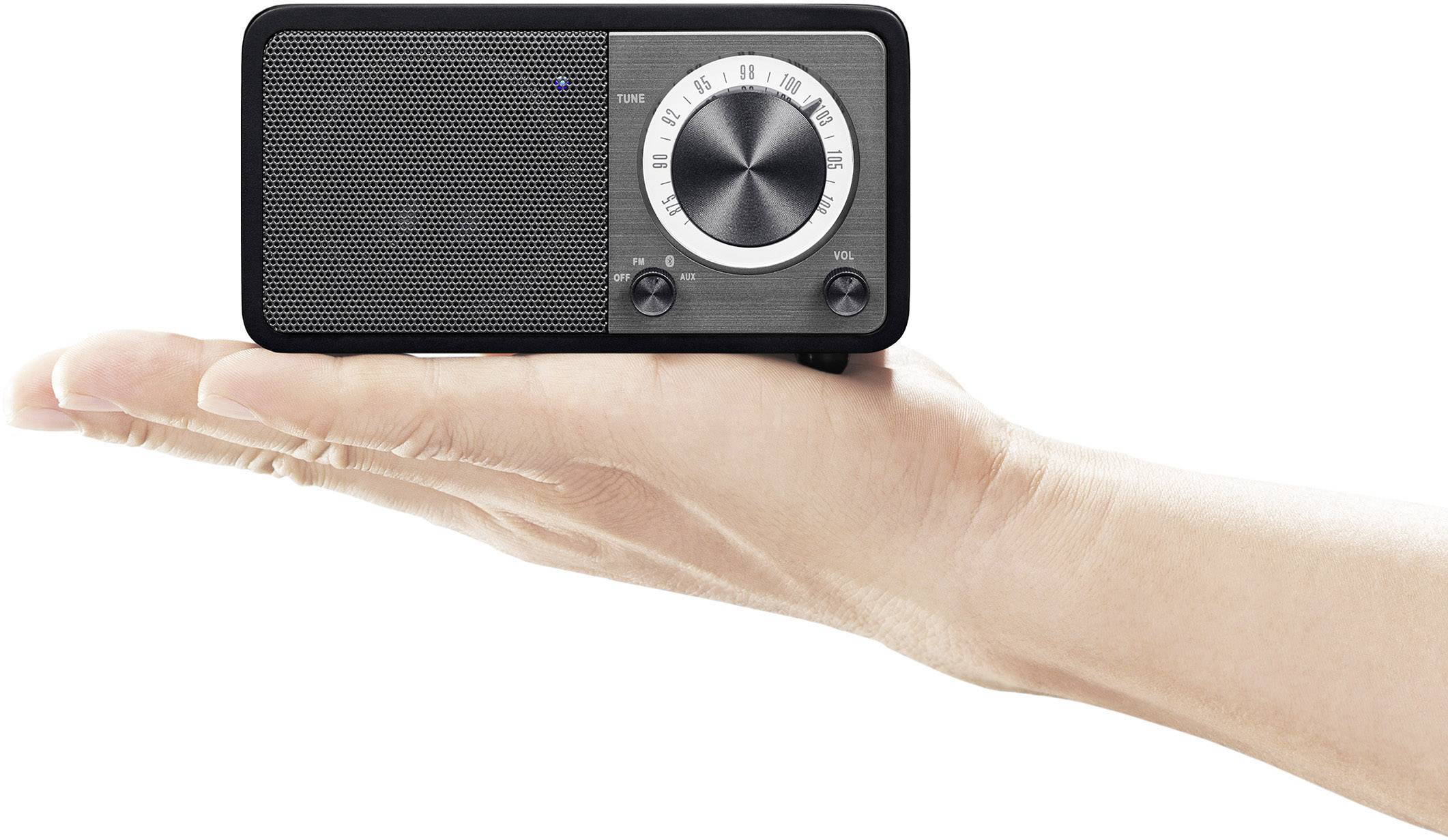 A hand is holding a small, portable speaker with a silver rotary knob and volume control.