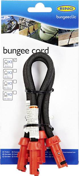 Packaging with elastic bungee cords. Black cords with red hooks. Brand 'Ring Bungee Clic'. Three different sizes indicated.