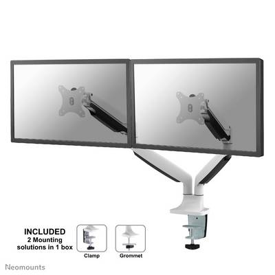 Double monitor arm with two screens mounted side by side. Includes two mounting solutions: clamp and grommet.