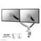 Double monitor arm with two screens mounted side by side. Includes two mounting solutions: clamp and grommet.