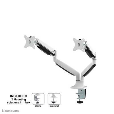 Double monitor arm in white with clamp mounting and cable management. Packaging includes both mounting options.
