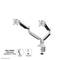 Double monitor arm in white with clamp mounting and cable management. Packaging includes both mounting options.