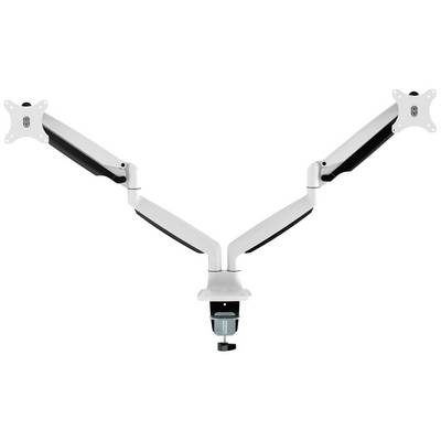 'White, adjustable dual monitor mount with two arms and black detailing. Suitable for flexible positioning of screens.'