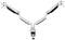 'White, adjustable dual monitor mount with two arms and black detailing. Suitable for flexible positioning of screens.'