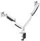 A white, adjustable dual-monitor arm mount, providing flexible positioning of screens on a desktop.