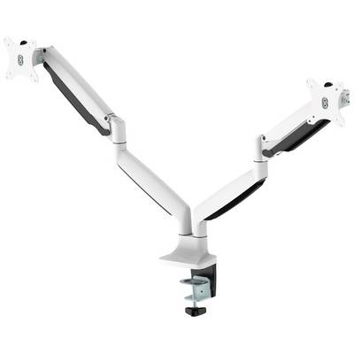 Two-arm monitor stand in white with black and grey accents, desk-mounted, for flexible screen positioning.