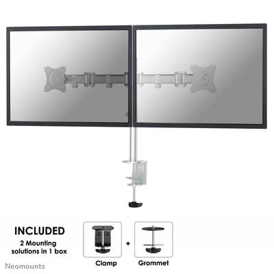 Double Monitor Mount with Two Screens. Shown below are two mounting options: Clamp and Through-Desk Fixing.