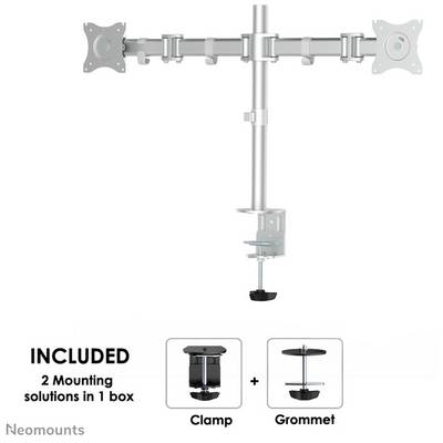 Monitor mount with two mounting options: clamp bracket and through-desk mounting. Main bracket provides space for two monitors.