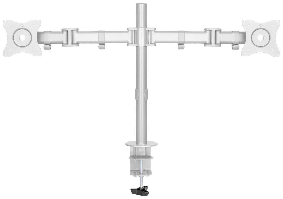 'Double metal monitor mount with articulating arms, suitable for desk mounting. Provides flexible positioning and stability.'