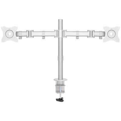 'Double metal monitor mount with articulating arms, suitable for desk mounting. Provides flexible positioning and stability.'