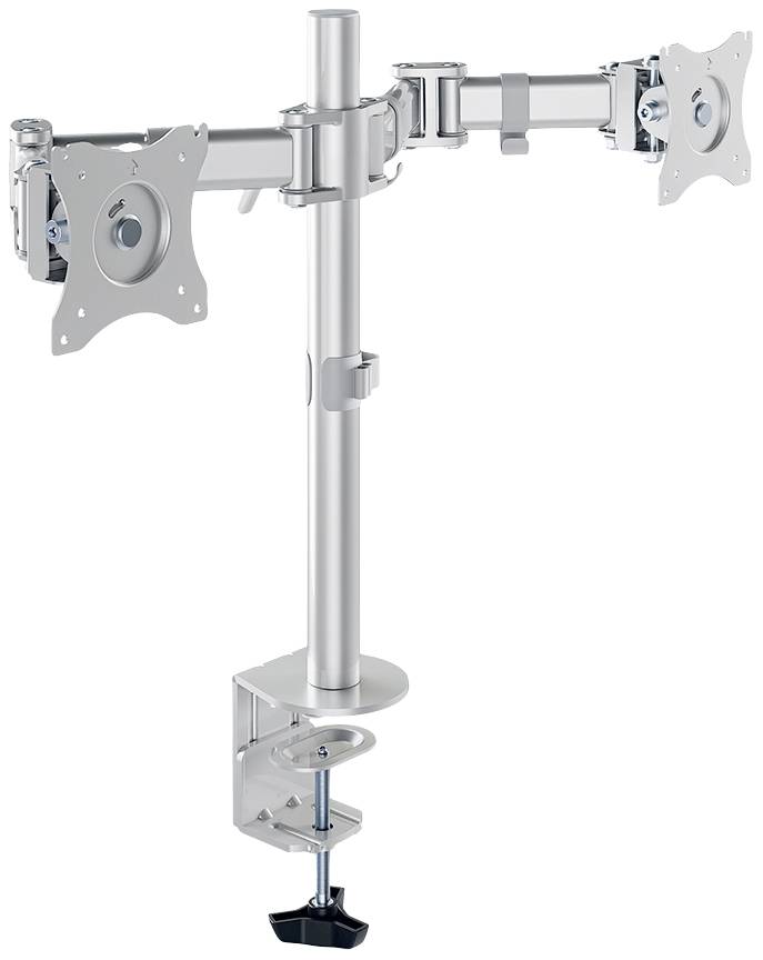 Metal monitor mount with two adjustable arms and desk clamp for attachment. Suitable for two monitors.