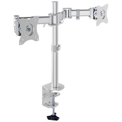 Metal monitor mount with two adjustable arms and desk clamp for attachment. Suitable for two monitors.