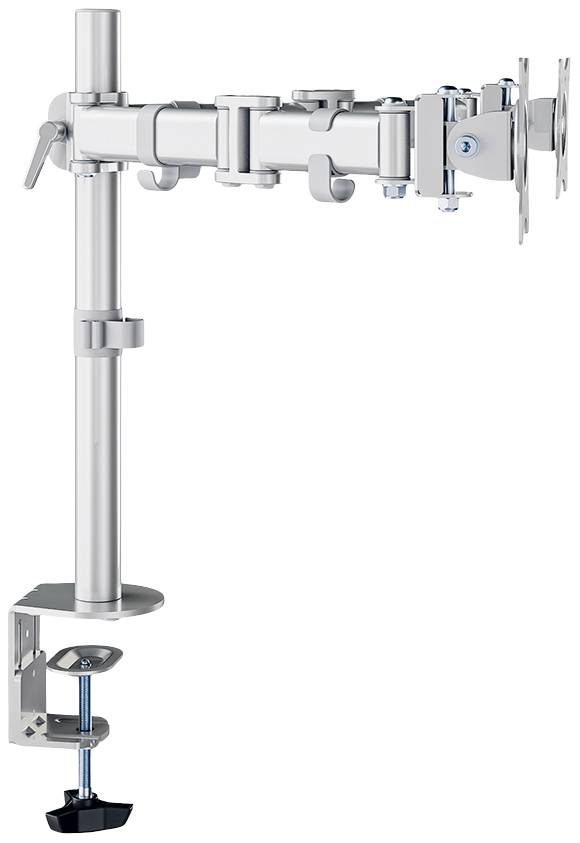 A silver monitor arm for mounting on a desk, with adjustable joints for optimal positioning of screens.