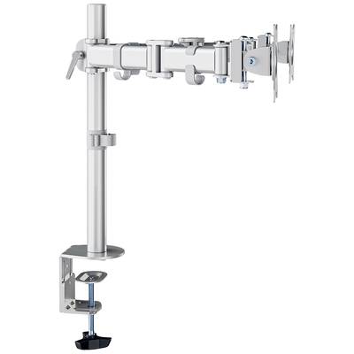 A silver monitor arm for mounting on a desk, with adjustable joints for optimal positioning of screens.