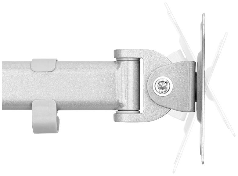 Silver articulated monitor arm with screw mounting. Wall-mounted, enables flexible tilting and movement for optimal positioning.