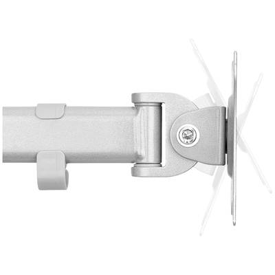 Silver articulated monitor arm with screw mounting. Wall-mounted, enables flexible tilting and movement for optimal positioning.