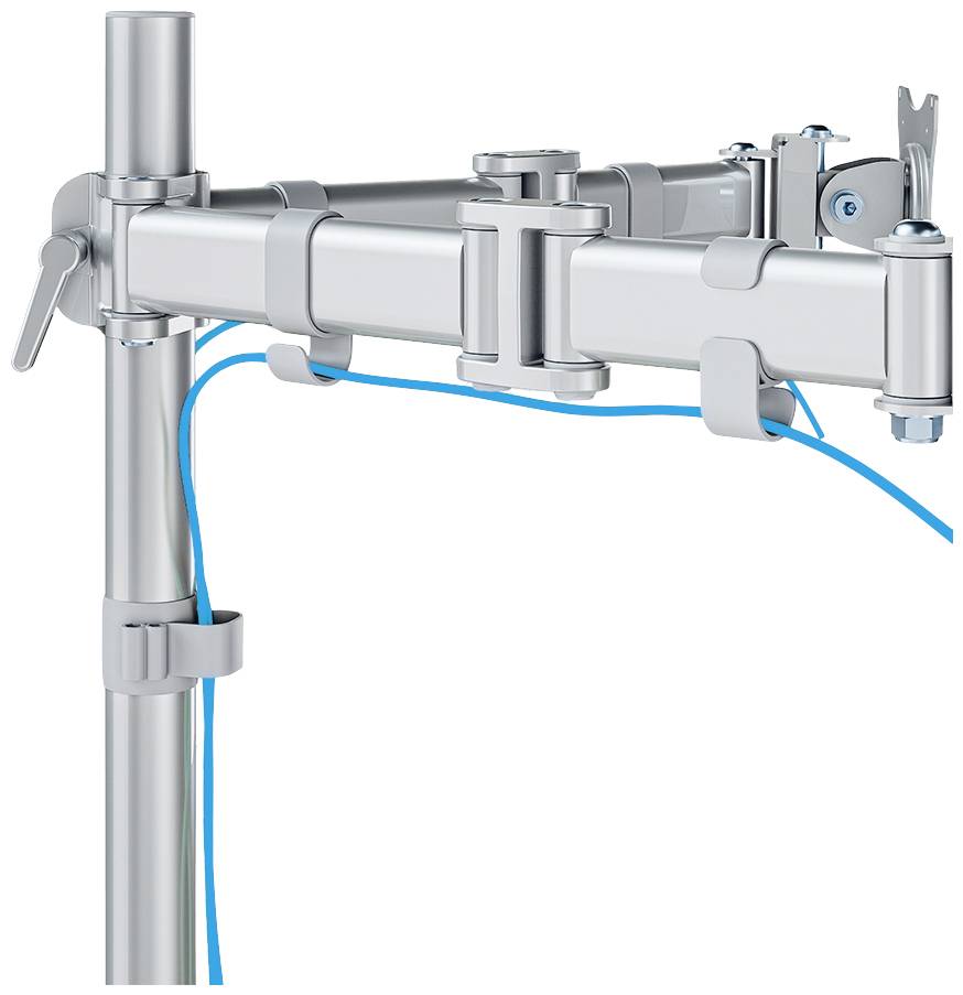 A silver monitor mount fitted with blue cables. It is attached to a vertical rod and allows for tilt adjustment.