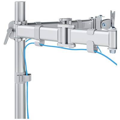 A silver monitor mount fitted with blue cables. It is attached to a vertical rod and allows for tilt adjustment.