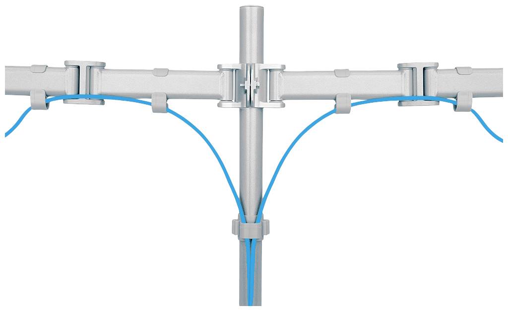Cable Management System: A vertical and horizontal metal channel guides blue cables neatly around a pole.