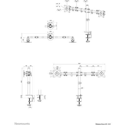 Technical drawing of a monitor mount with dimensions in millimetres. Shows the front and side view with detailed measurements.