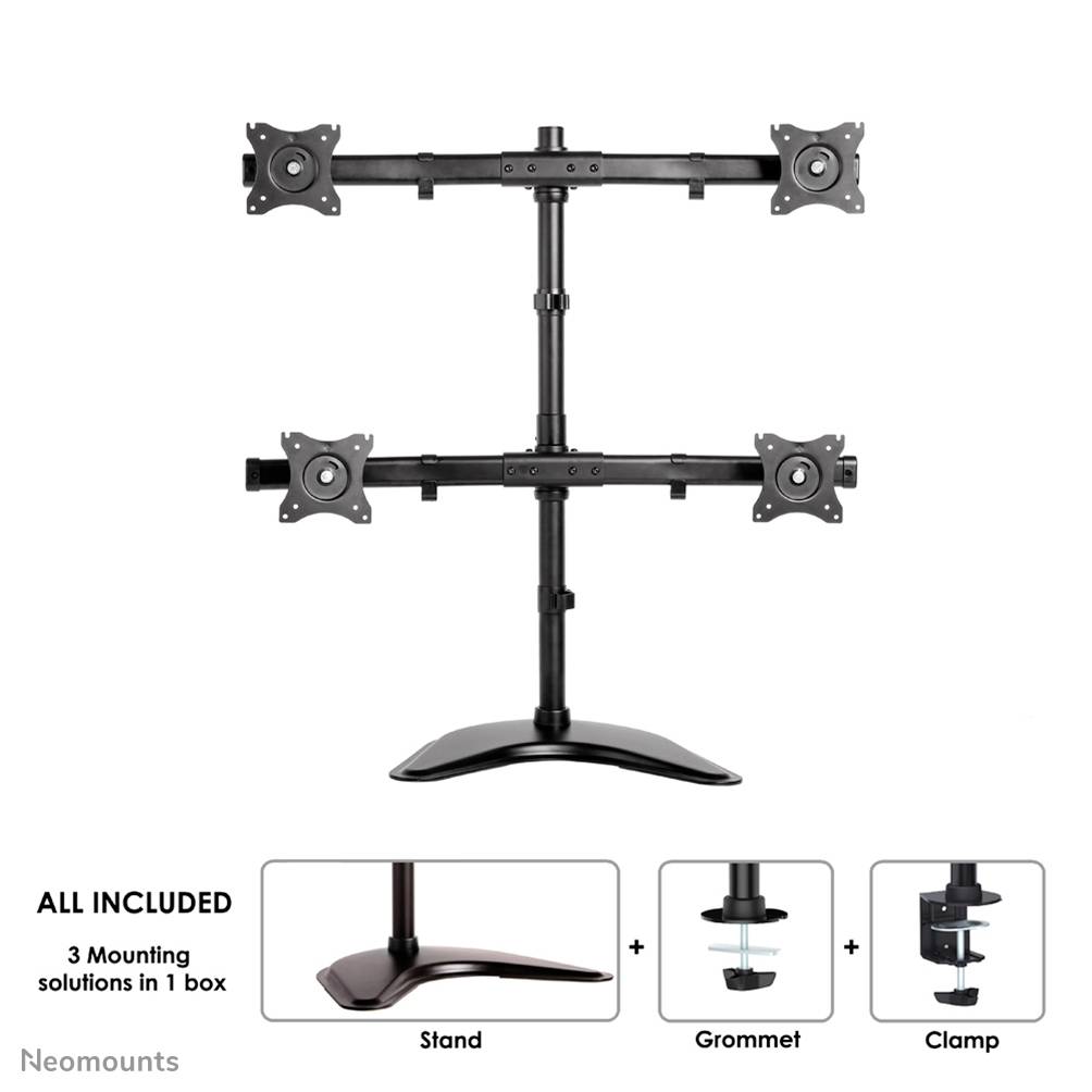 A monitor mounting system with four adjustable brackets on a vertical stand. Includes base, through bolt, and clamp.
