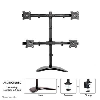 A monitor mounting system with four adjustable brackets on a vertical stand. Includes base, through bolt, and clamp.