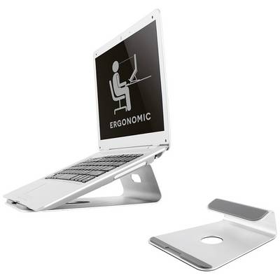 A white laptop on an ergonomic stand that raises the screen to eye level. Beside it sits the empty stand.