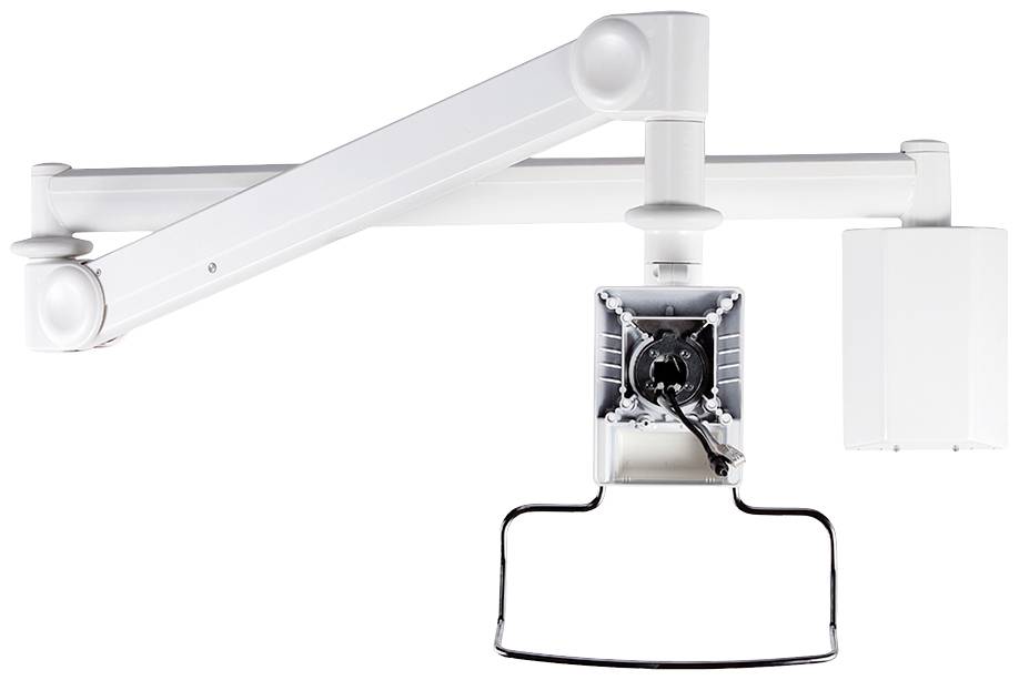 Adjustable white arm lamp holder with electronic connection at the head, suitable for medical or technical applications.