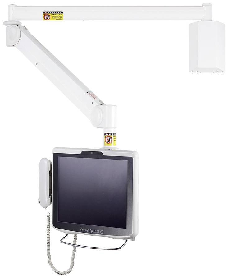 'Wall-mounted computer arm with screen and telephone holder. The arm is height-adjustable and suitable for medical facilities.'