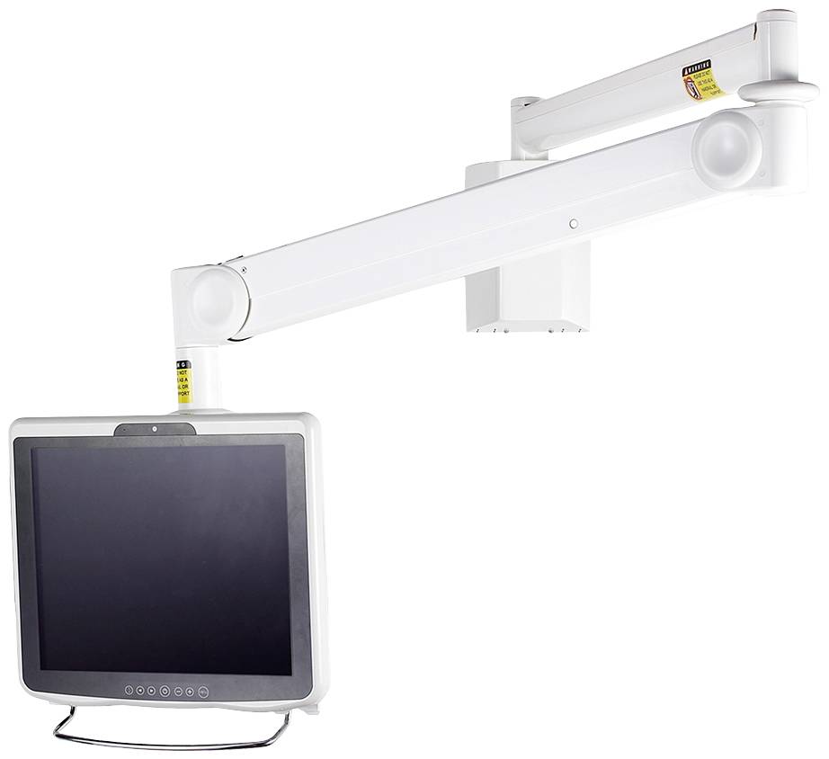 A white, adjustable screen mount with a black monitor attached, suitable for medical or technical applications.
