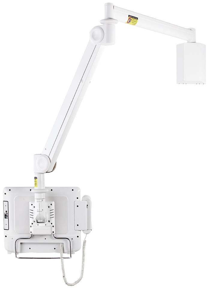A flawless white medical wall-mounted arm holding a rectangular device, possibly for medical imaging or lighting.