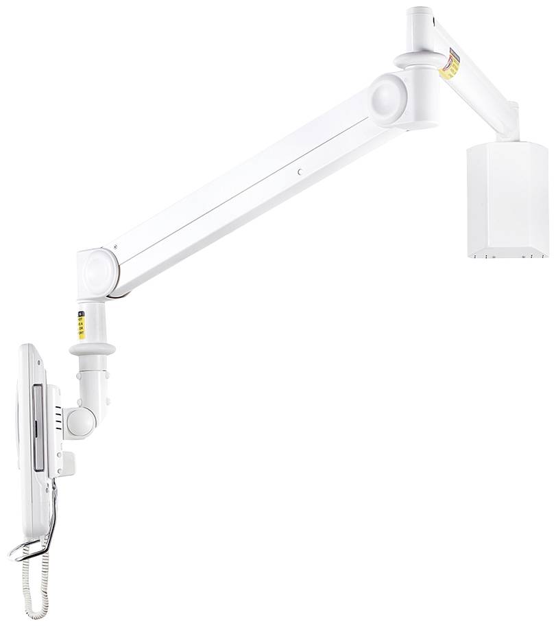 A white, adjustable wall-mounted arm for medical devices with a mounted panel and cable, designed for flexible positioning in hospitals.