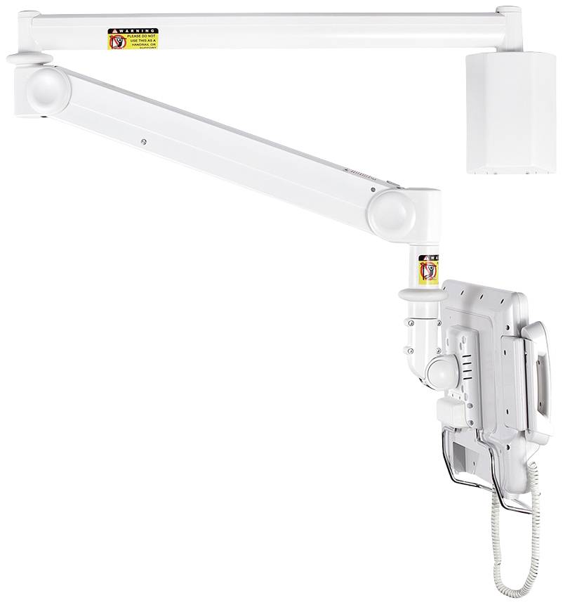 A white dental X-ray machine with a pivoting arm. The device has a handset with a coiled cable at the lower section.
