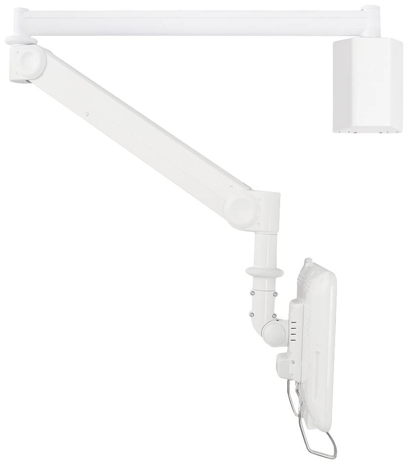 A white, adjustable mounting arm for screens or monitors, mounted on a wall bracket, with cables coiled.
