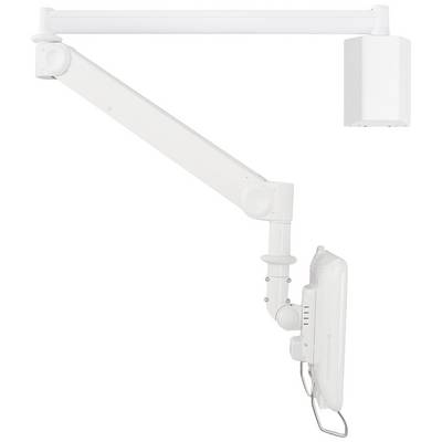 A white, adjustable mounting arm for screens or monitors, mounted on a wall bracket, with cables coiled.