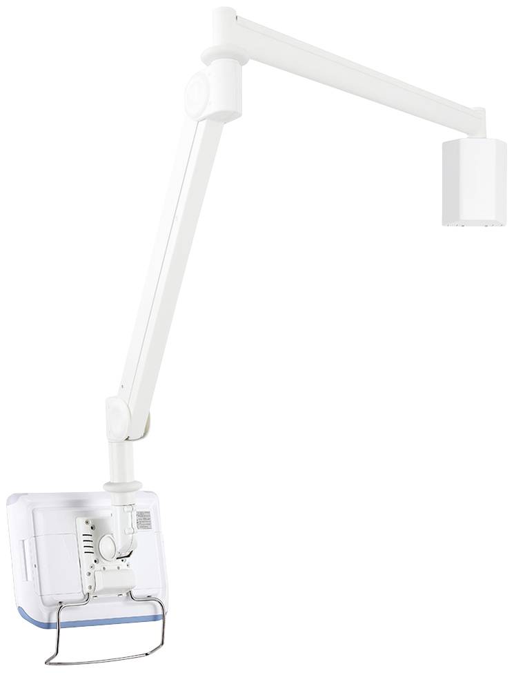 Long-reach Ceiling Bracket in White for Medical Devices, with Flexible Articulated Arm for Optimal Mobility and Adaptability.