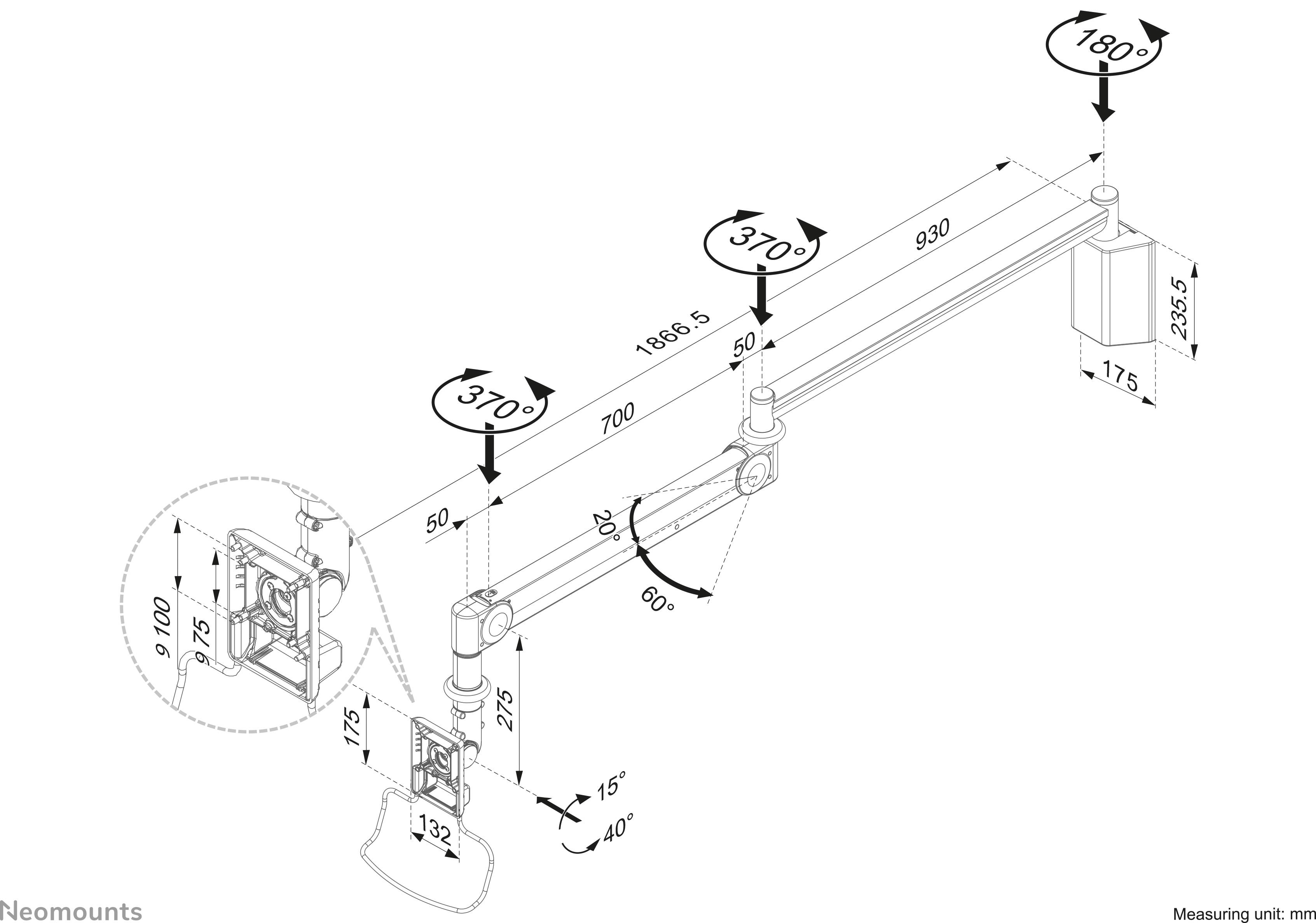 Technical drawing of a monitor stand with multiple adjustable arms, rotation angles, and precise length measurements in millimetres.