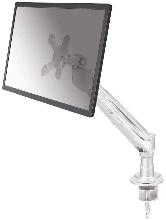 A silver monitor arm, attached to a desk, holds a large flat-screen monitor suspended in mid-air.