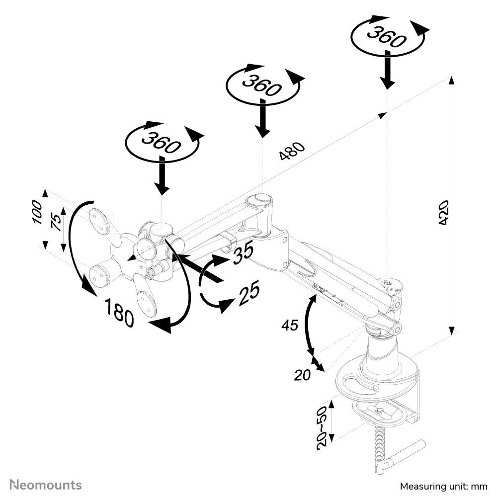 Pivoting monitor arm with multiple pivot points, varied boom lengths and heights. Measurement unit: mm. Suitable for flexible screen positioning.