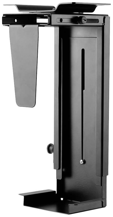 A black mounting bracket for attaching a computer underneath a desk. It is height-adjustable and made of metal.