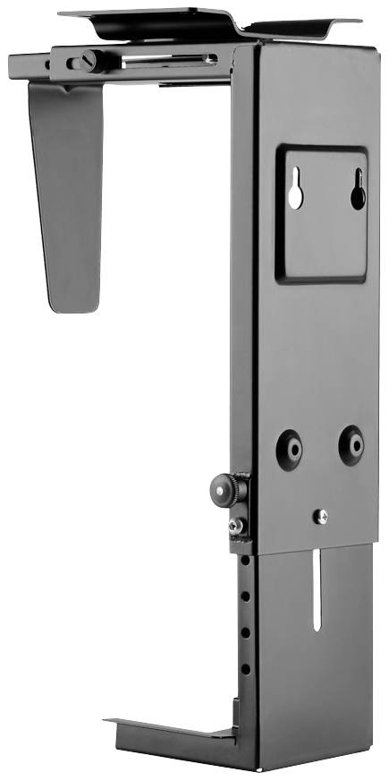 A black metal bracket, potentially for computer cases or devices, with adjustable elements and mounting holes.